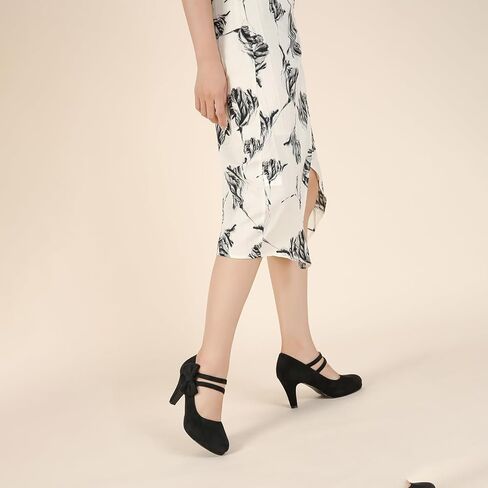 Women's Mary Jane Bow Heels Pumps Round Closed Toe Kitten Heel Double Ankle Strap Wedding Office Work Dress Shoes in Kuwait