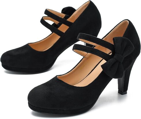 Women's Mary Jane Bow Heels Pumps Round Closed Toe Kitten Heel Double Ankle Strap Wedding Office Work Dress Shoes in Kuwait
