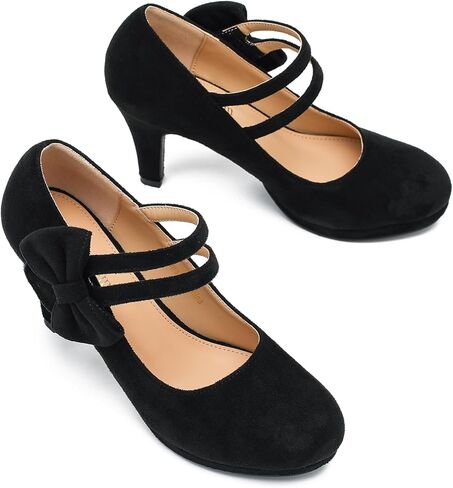 Women's Mary Jane Bow Heels Pumps Round Closed Toe Kitten Heel Double Ankle Strap Wedding Office Work Dress Shoes in Kuwait