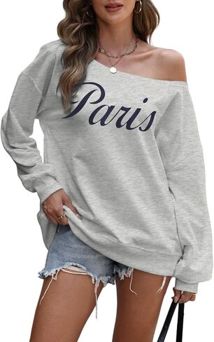 Paris Off The Shoulder Sweatshirt for Women Vintage Letter Graphic Print Casual Long Sleeve Shirt Pullover Tops in Saudi Arabia