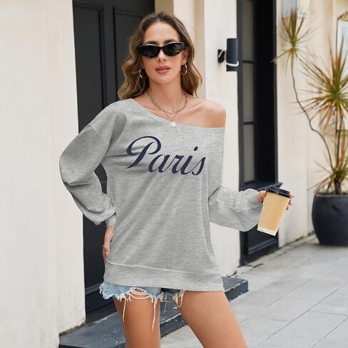 Paris Off The Shoulder Sweatshirt for Women Vintage Letter Graphic Print Casual Long Sleeve Shirt Pullover Tops in Saudi Arabia