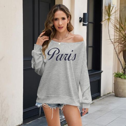 Paris Off The Shoulder Sweatshirt for Women Vintage Letter Graphic Print Casual Long Sleeve Shirt Pullover Tops in Saudi Arabia