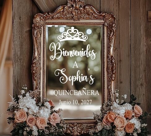 ملصق حائط من الفينيل من Quinceanera Bienvenidos مع الاسم والتاريخ لخلفية قوس المرآة للفتيات علامة عيد ميلاد 15th لملصق الحفلات in Saudi Arabia