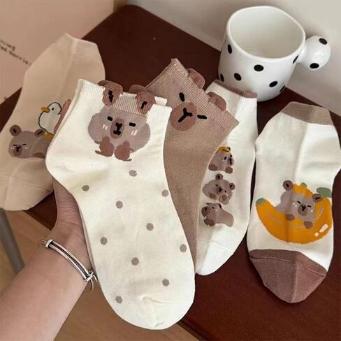 5 Pairs Women's Cute Capybara Cartoon Ankle Socks,Soft Breathable Casual Socks for Daily Wear，Home in Saudi Arabia