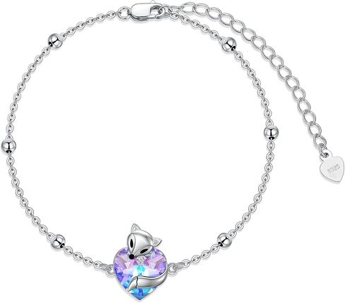 925 Sterling Silver Cute Cat/Fox Link Bracelet with Heart Crystal from Austria, Animal Jewelry Gifts for Women in Saudi Arabia