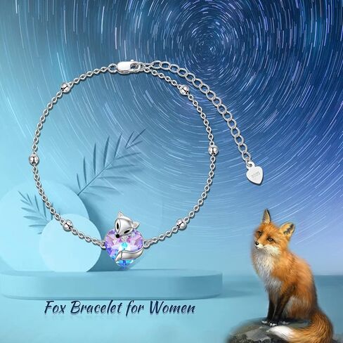 925 Sterling Silver Cute Cat/Fox Link Bracelet with Heart Crystal from Austria, Animal Jewelry Gifts for Women in Saudi Arabia