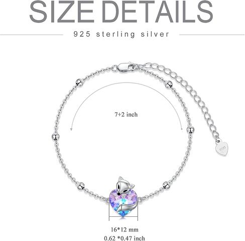925 Sterling Silver Cute Cat/Fox Link Bracelet with Heart Crystal from Austria, Animal Jewelry Gifts for Women in Saudi Arabia