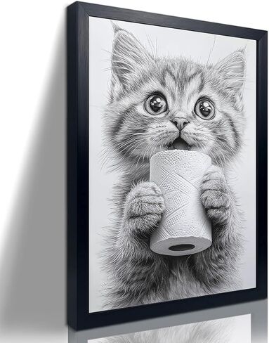 Orvannaatr Frame wrapped cute cat animal bathroom wall decoration painting - black and white canvas printed decoration painting in Saudi Arabia