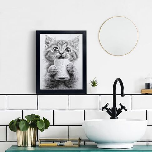 Orvannaatr Frame wrapped cute cat animal bathroom wall decoration painting - black and white canvas printed decoration painting in Saudi Arabia