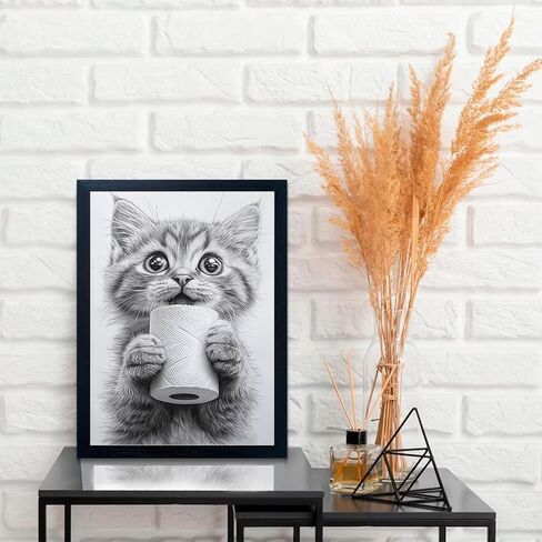 Orvannaatr Frame wrapped cute cat animal bathroom wall decoration painting - black and white canvas printed decoration painting in Saudi Arabia
