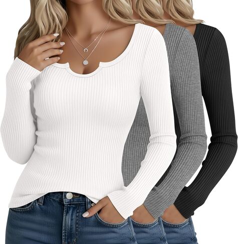 3 Pack Women's Long Sleeve T Shirts, Ribbed Cotton Slim Fitted Tops Scoop Neck Shirts Basic Casual Fall Tees in Saudi Arabia