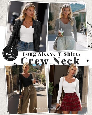 3 Pack Women's Long Sleeve T Shirts, Ribbed Cotton Slim Fitted Tops Scoop Neck Shirts Basic Casual Fall Tees in Saudi Arabia