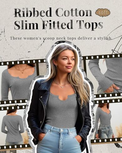 3 Pack Women's Long Sleeve T Shirts, Ribbed Cotton Slim Fitted Tops Scoop Neck Shirts Basic Casual Fall Tees in Saudi Arabia
