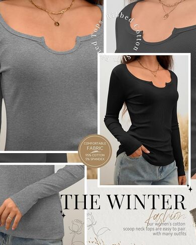 3 Pack Women's Long Sleeve T Shirts, Ribbed Cotton Slim Fitted Tops Scoop Neck Shirts Basic Casual Fall Tees in Saudi Arabia