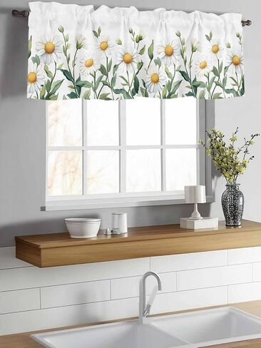 Rod Pocket Kitchen Valance Spring Watercolor Daisy Flower Short Window Curtains,Garden White Floral Green Leaves Window Treatment for Bathroom Living Room Bedroom,1 Panel,42x12in in Saudi Arabia