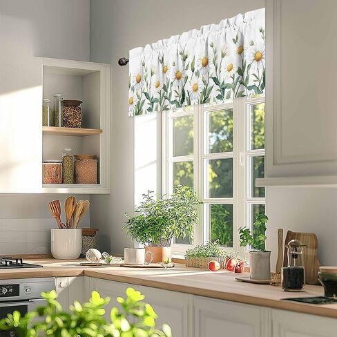 Rod Pocket Kitchen Valance Spring Watercolor Daisy Flower Short Window Curtains,Garden White Floral Green Leaves Window Treatment for Bathroom Living Room Bedroom,1 Panel,42x12in in Saudi Arabia