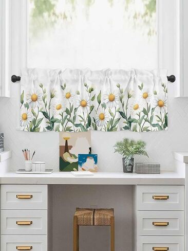 Rod Pocket Kitchen Valance Spring Watercolor Daisy Flower Short Window Curtains,Garden White Floral Green Leaves Window Treatment for Bathroom Living Room Bedroom,1 Panel,42x12in in Saudi Arabia