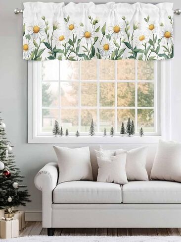 Rod Pocket Kitchen Valance Spring Watercolor Daisy Flower Short Window Curtains,Garden White Floral Green Leaves Window Treatment for Bathroom Living Room Bedroom,1 Panel,42x12in in Saudi Arabia