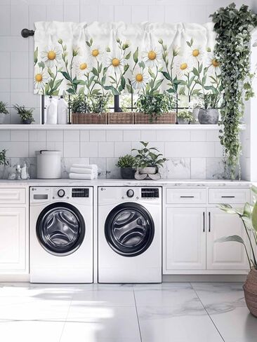 Rod Pocket Kitchen Valance Spring Watercolor Daisy Flower Short Window Curtains,Garden White Floral Green Leaves Window Treatment for Bathroom Living Room Bedroom,1 Panel,42x12in in Saudi Arabia