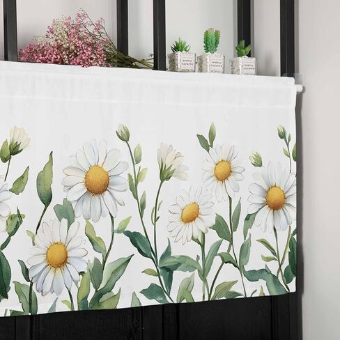 Rod Pocket Kitchen Valance Spring Watercolor Daisy Flower Short Window Curtains,Garden White Floral Green Leaves Window Treatment for Bathroom Living Room Bedroom,1 Panel,42x12in in Saudi Arabia