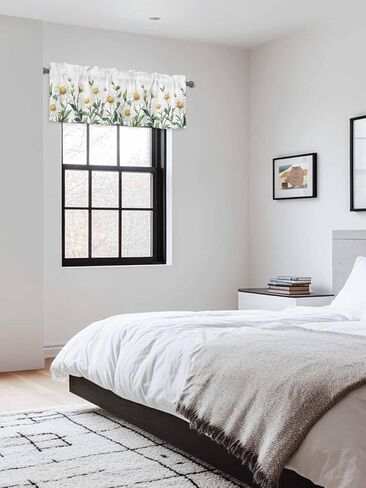 Rod Pocket Kitchen Valance Spring Watercolor Daisy Flower Short Window Curtains,Garden White Floral Green Leaves Window Treatment for Bathroom Living Room Bedroom,1 Panel,42x12in in Saudi Arabia