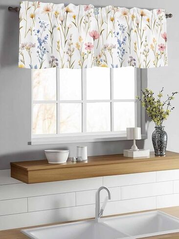 Window Treatment Valance Curtain, Pink Flowers Leaves Wild Flowers Petals Shade Short Curtain for Kitchen Bathroom Living Room Bedroom Privacy Rod Pocket Drapes 54" W x 18" L 1 Panel in Saudi Arabia