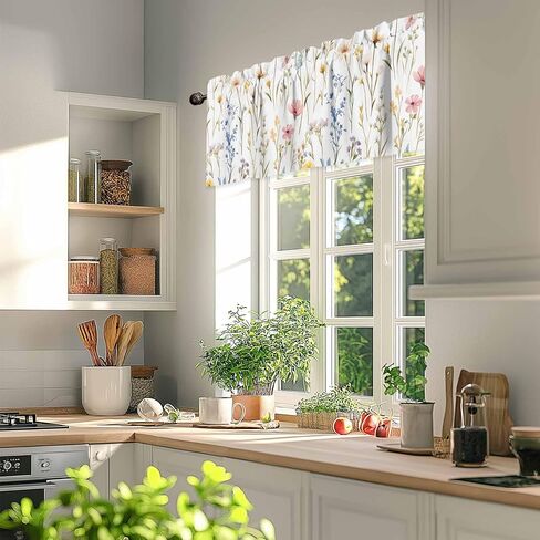 Window Treatment Valance Curtain, Pink Flowers Leaves Wild Flowers Petals Shade Short Curtain for Kitchen Bathroom Living Room Bedroom Privacy Rod Pocket Drapes 54" W x 18" L 1 Panel in Saudi Arabia