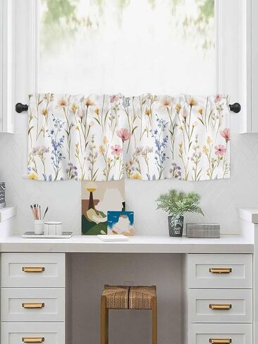 Window Treatment Valance Curtain, Pink Flowers Leaves Wild Flowers Petals Shade Short Curtain for Kitchen Bathroom Living Room Bedroom Privacy Rod Pocket Drapes 54" W x 18" L 1 Panel in Saudi Arabia