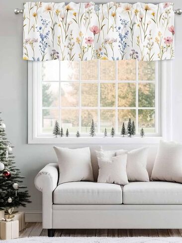 Window Treatment Valance Curtain, Pink Flowers Leaves Wild Flowers Petals Shade Short Curtain for Kitchen Bathroom Living Room Bedroom Privacy Rod Pocket Drapes 54" W x 18" L 1 Panel in Saudi Arabia