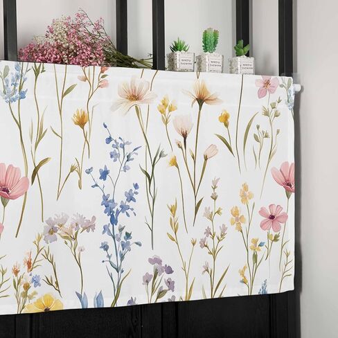 Window Treatment Valance Curtain, Pink Flowers Leaves Wild Flowers Petals Shade Short Curtain for Kitchen Bathroom Living Room Bedroom Privacy Rod Pocket Drapes 54" W x 18" L 1 Panel in Saudi Arabia