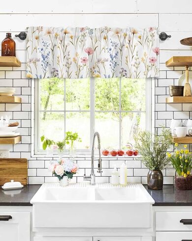 Window Treatment Valance Curtain, Pink Flowers Leaves Wild Flowers Petals Shade Short Curtain for Kitchen Bathroom Living Room Bedroom Privacy Rod Pocket Drapes 54" W x 18" L 1 Panel in Saudi Arabia