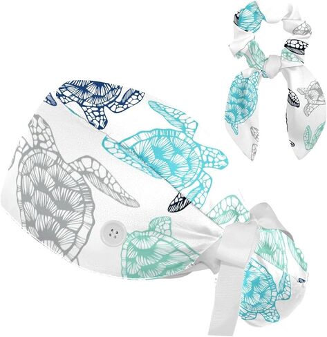 Tortoise Sea Turtle Pattern Scrub Caps Women with Button Adjustable Hats Surgical Bouffant Caps for Women with Hairband in Saudi Arabia
