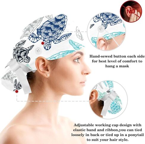 Tortoise Sea Turtle Pattern Scrub Caps Women with Button Adjustable Hats Surgical Bouffant Caps for Women with Hairband in Saudi Arabia