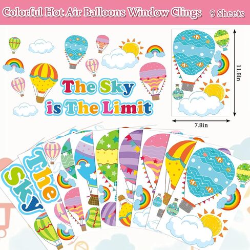 Whaline 9 Sheets Colorful Hot Air Balloons Window Cling Back to School Motivational Cartoon Hot Air Balloon Reusable Window Decals for Home Nursery Classroom Decor First Day of School Party Supplies in Saudi Arabia