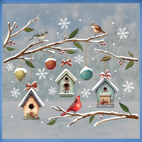 Mfault الشتاء الطيور نافذة التشبث، ثلجي الكاردينال Chickadee Birdhouse فرع ندفة الثلج ملصقات الشارات الزينة، مزرعة ريفي عيد الميلاد الكرة المنزل غرفة المعيشة ديكور المطبخ in Saudi Arabia