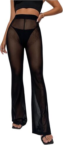 بنطلون نسائي طويل من Verdusa شفاف شبكي شفاف من أسفل الجرس واسع الخصر in Kuwait