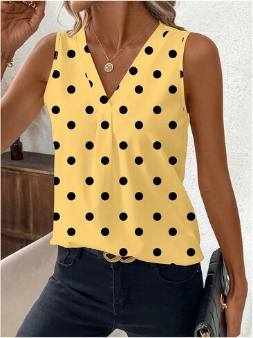 SHENHE Women's V Neck Polka Dots Sleeveless Dressy Summer Casual Blouse Work Top Shirt in Saudi Arabia