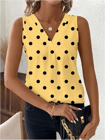 SHENHE Women's V Neck Polka Dots Sleeveless Dressy Summer Casual Blouse Work Top Shirt in Saudi Arabia