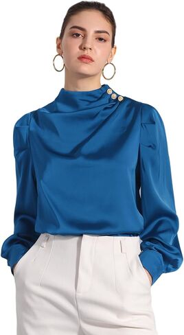 Allegra K Women's Satin Blouse Pleated Mock Neck Puff Sleeve Dressy Casual Top in Kuwait