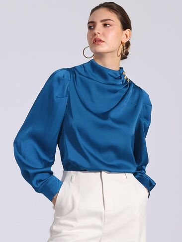 Allegra K Women's Satin Blouse Pleated Mock Neck Puff Sleeve Dressy Casual Top in Kuwait