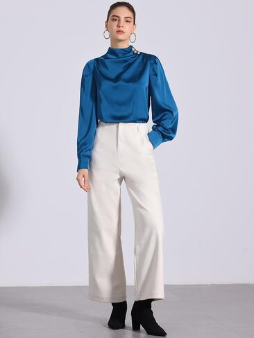 Allegra K Women's Satin Blouse Pleated Mock Neck Puff Sleeve Dressy Casual Top in Kuwait