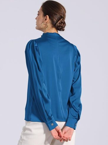 Allegra K Women's Satin Blouse Pleated Mock Neck Puff Sleeve Dressy Casual Top in Kuwait