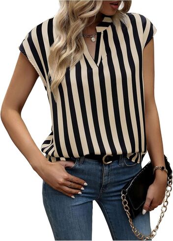 SOLY HUX Women's Striped Shirt Notched V Neck Office Blouse Work Tops Teacher Clothes in Kuwait