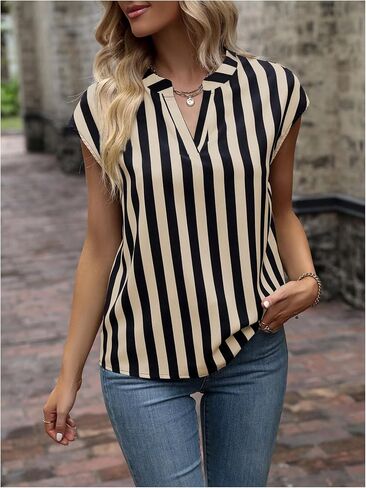 SOLY HUX Women's Striped Shirt Notched V Neck Office Blouse Work Tops Teacher Clothes in Kuwait