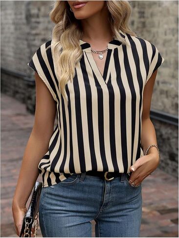 SOLY HUX Women's Striped Shirt Notched V Neck Office Blouse Work Tops Teacher Clothes in Kuwait