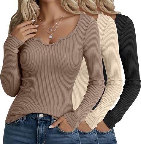 3 Pack Women's Long Sleeve T Shirts, Ribbed Cotton Slim Fitted Tops Scoop Neck Shirts Basic Casual Fall Tees in Saudi Arabia
