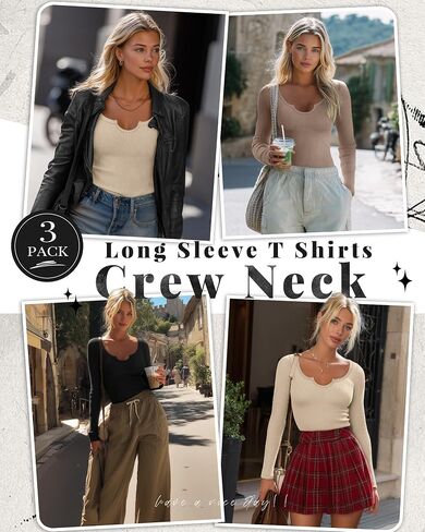 3 Pack Women's Long Sleeve T Shirts, Ribbed Cotton Slim Fitted Tops Scoop Neck Shirts Basic Casual Fall Tees in Saudi Arabia