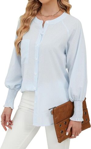 Womens Striped Round Neck Button Down Blouse Long Balloon Sleeve Crewneck Smocked Cuffs Shirt Gray in Saudi Arabia