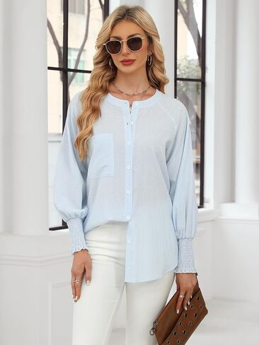 Womens Striped Round Neck Button Down Blouse Long Balloon Sleeve Crewneck Smocked Cuffs Shirt Gray in Saudi Arabia