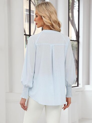 Womens Striped Round Neck Button Down Blouse Long Balloon Sleeve Crewneck Smocked Cuffs Shirt Gray in Saudi Arabia